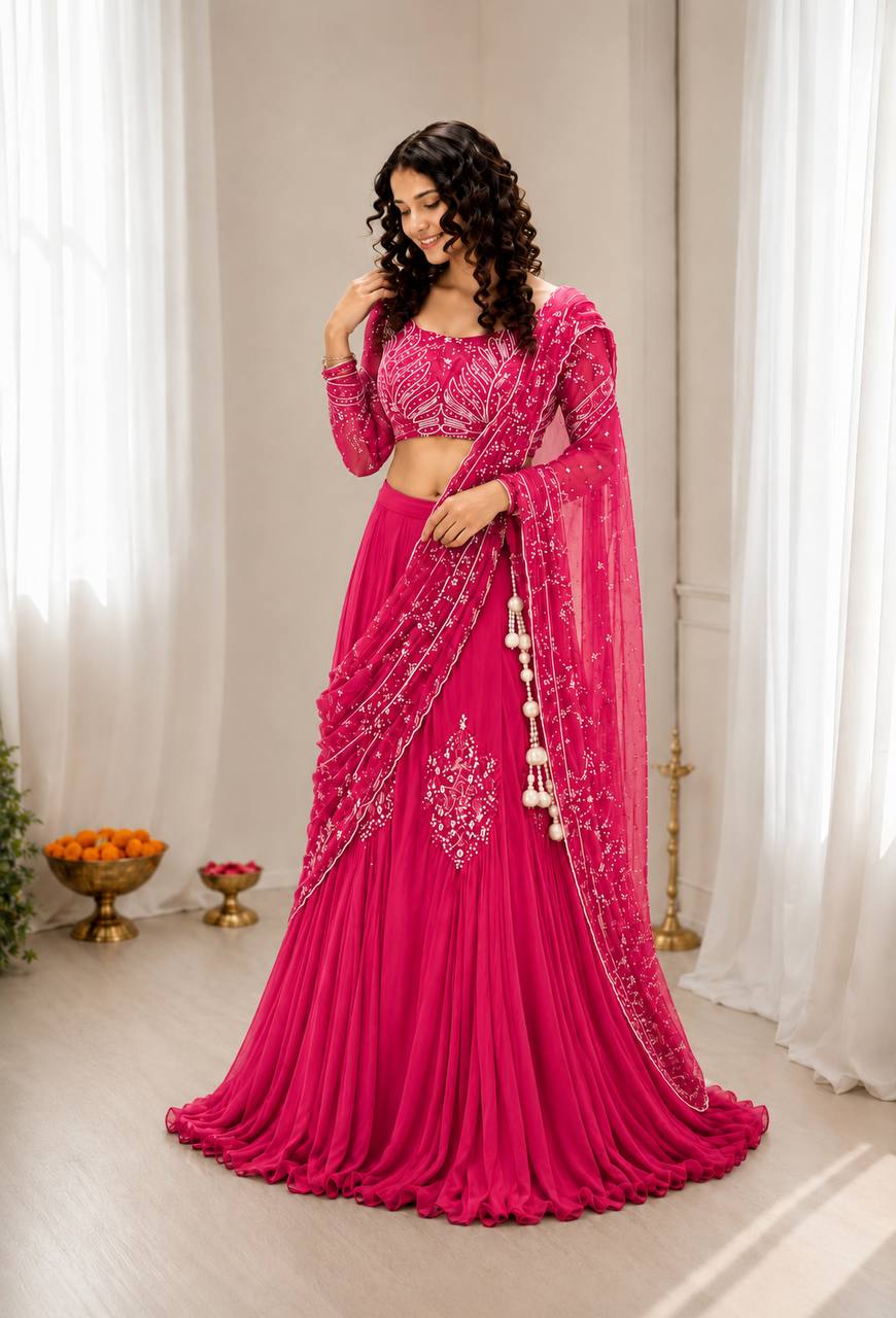 Rani Pink Chinon Lehenga with Attached Pallu