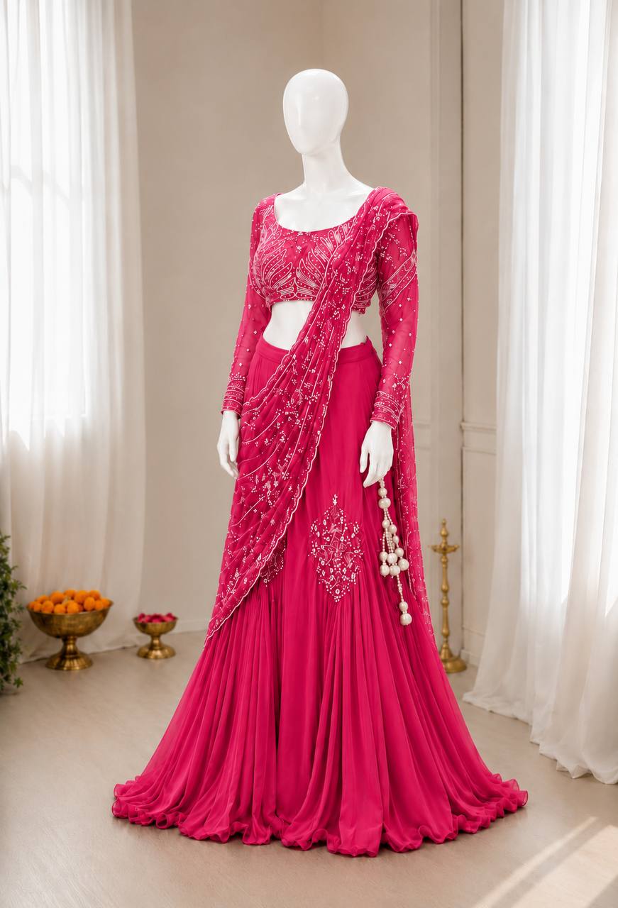 Rani Pink Chinon Lehenga with Attached Pallu, view 3