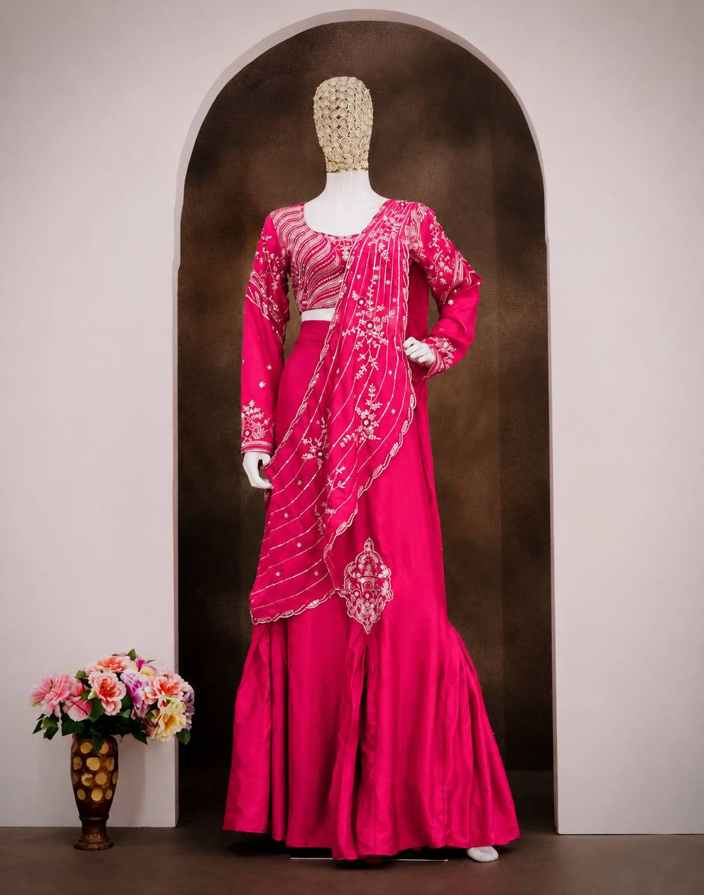 Rani Pink Chinon Lehenga with Attached Pallu, view 4