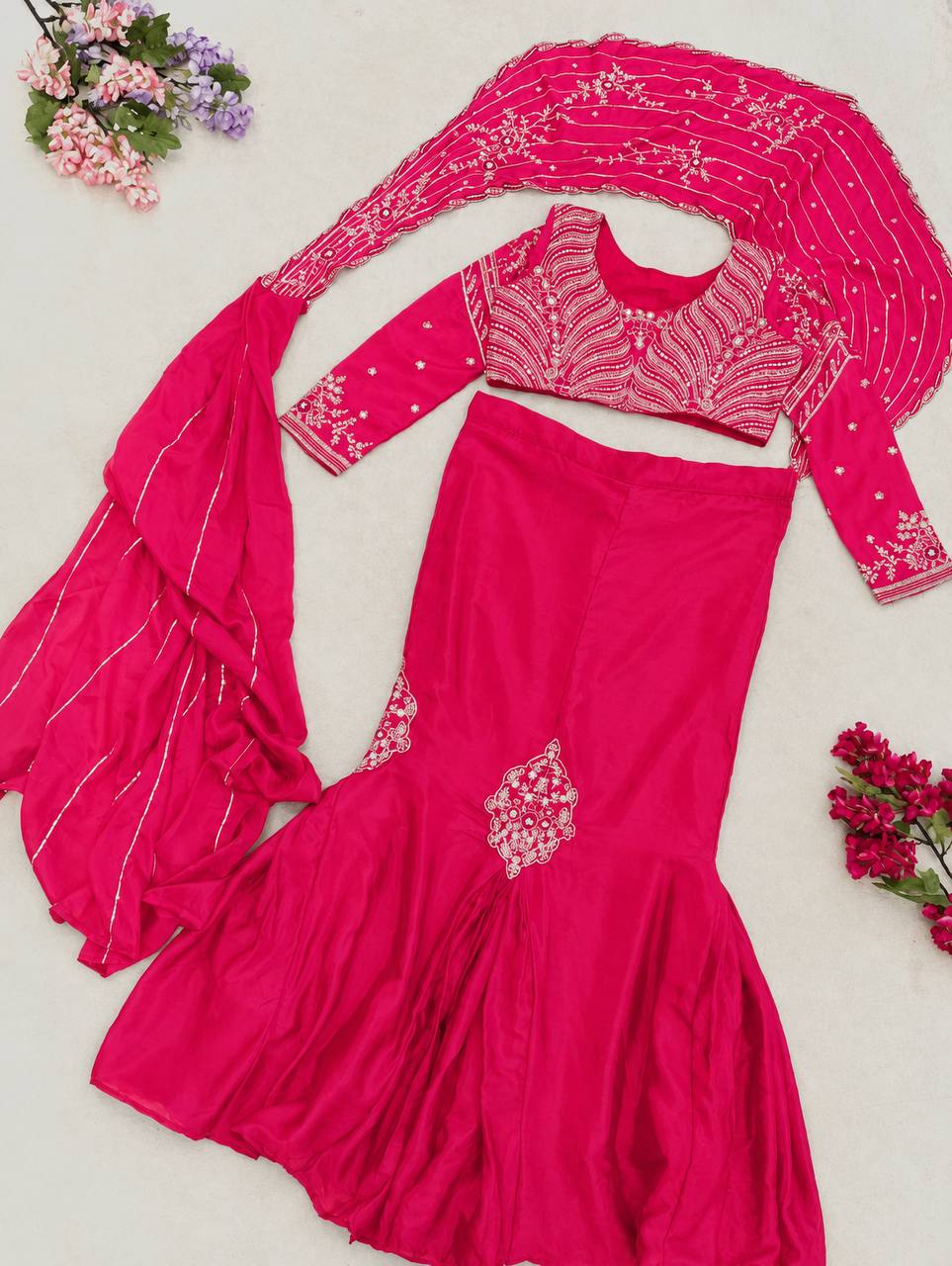 Rani Pink Chinon Lehenga with Attached Pallu, view 6