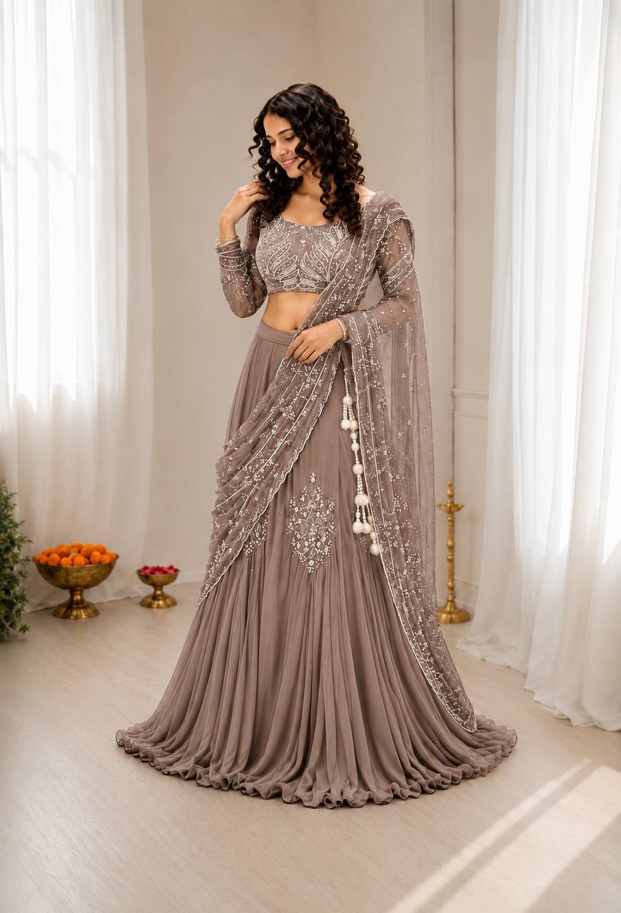 Mocha Brown Chinon Lehenga with Attached Pallu