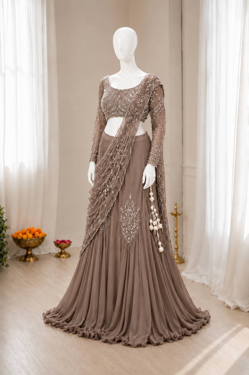 Mocha Brown Chinon Lehenga with Attached Pallu, view 2