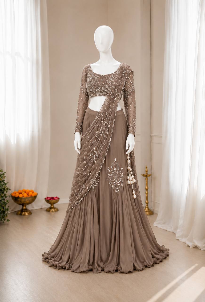 Mocha Brown Chinon Lehenga with Attached Pallu, view 3