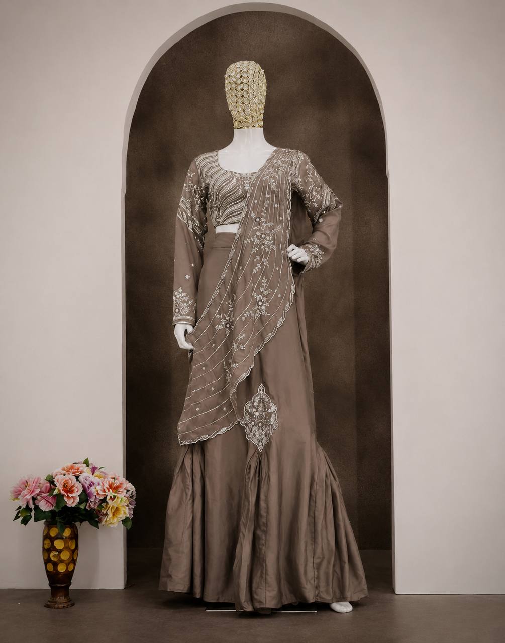 Mocha Brown Chinon Lehenga with Attached Pallu, view 4