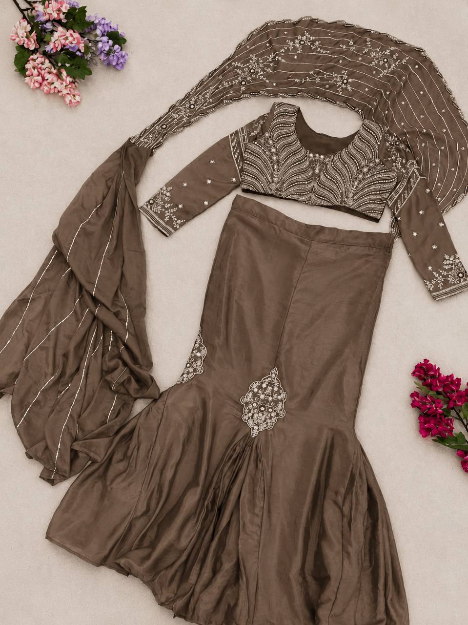 Mocha Brown Chinon Lehenga with Attached Pallu, view 5