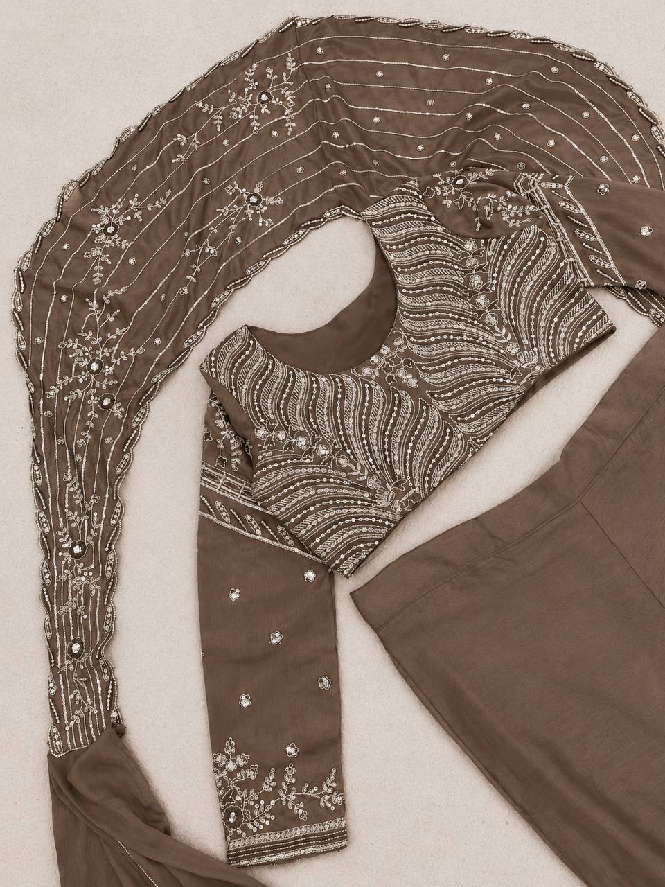 Mocha Brown Chinon Lehenga with Attached Pallu, view 6