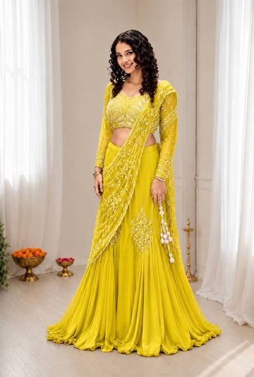Yellow Chinon Lehenga with Attached Pallu