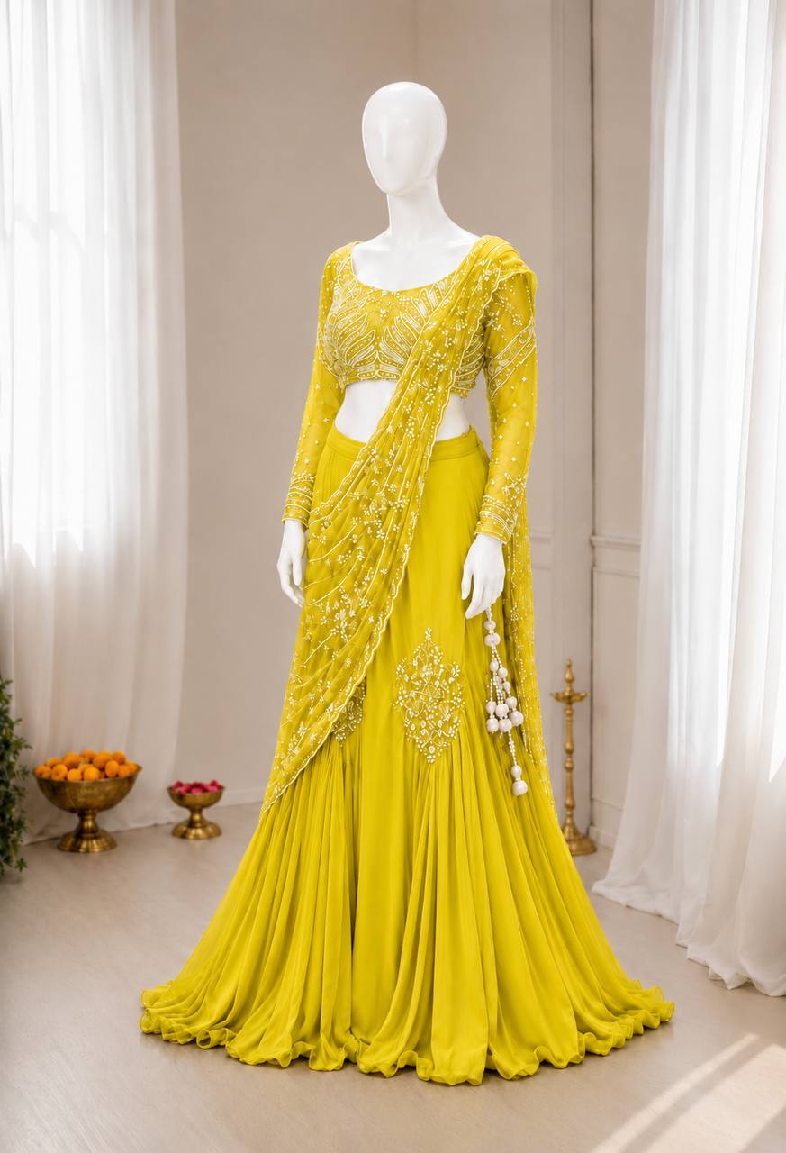 Yellow Chinon Lehenga with Attached Pallu