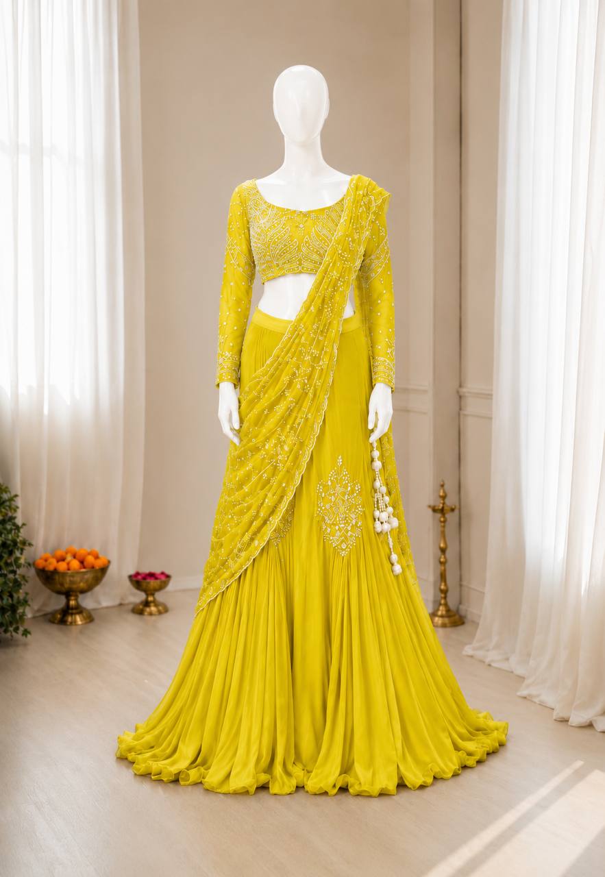 Yellow Chinon Lehenga with Attached Pallu, view 3