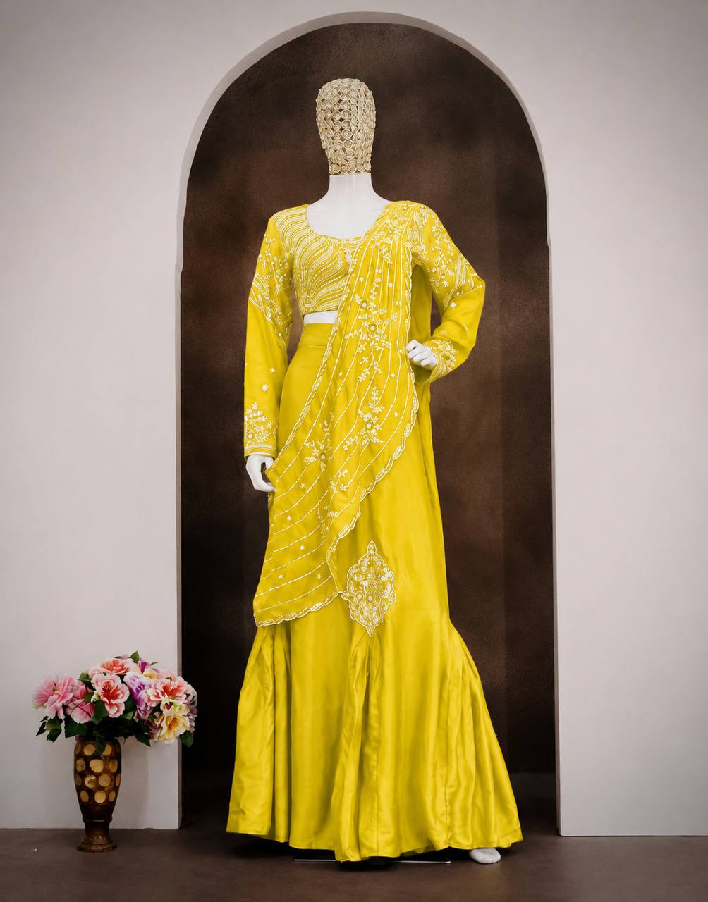 Yellow Chinon Lehenga with Attached Pallu, view 4