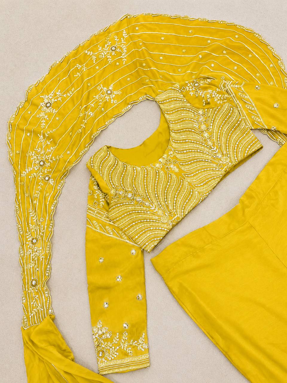 Yellow Chinon Lehenga with Attached Pallu, view 5