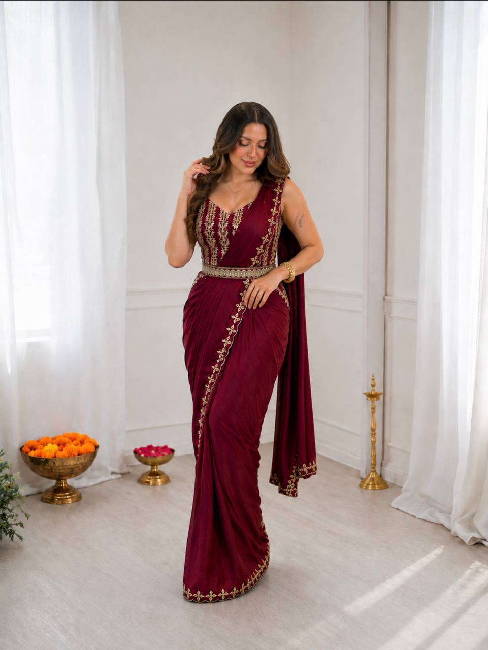 Maroon Crepe Ready-to-Wear Saree with Belt