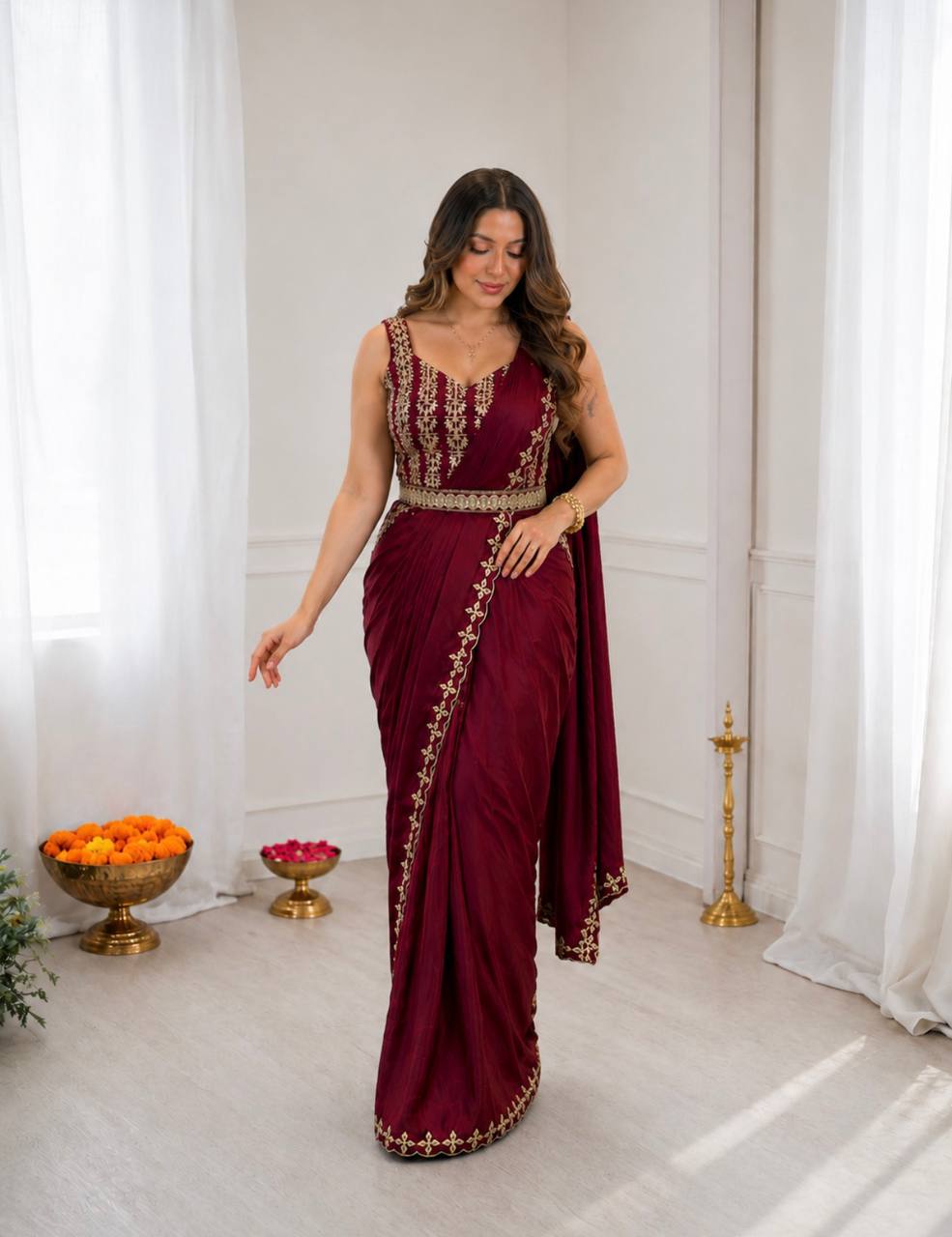 Maroon Crepe Ready-to-Wear Saree with Belt