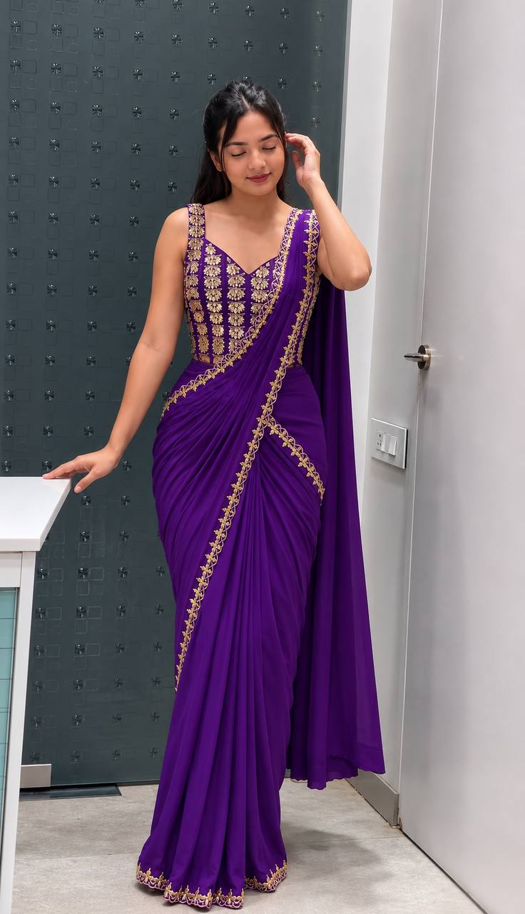 Purple Crepe Ready-to-Wear Saree with Belt