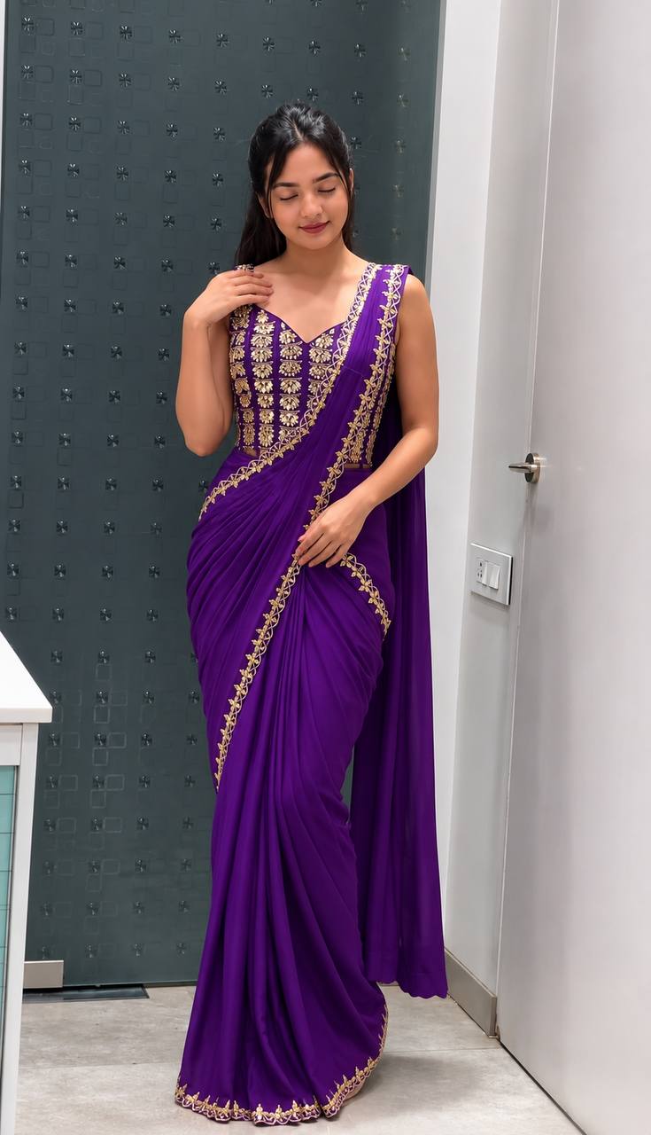 Purple Crepe Ready-to-Wear Saree with Belt