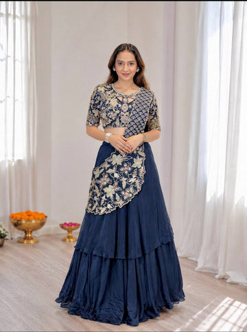 Navy Blue Crepe Double Layer Lehenga