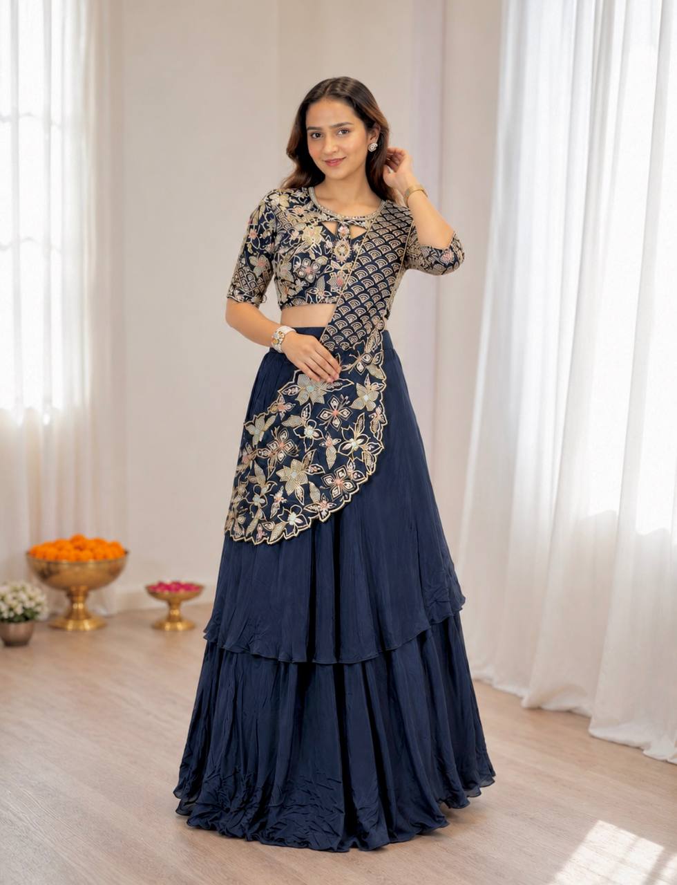 Navy Blue Crepe Double Layer Lehenga