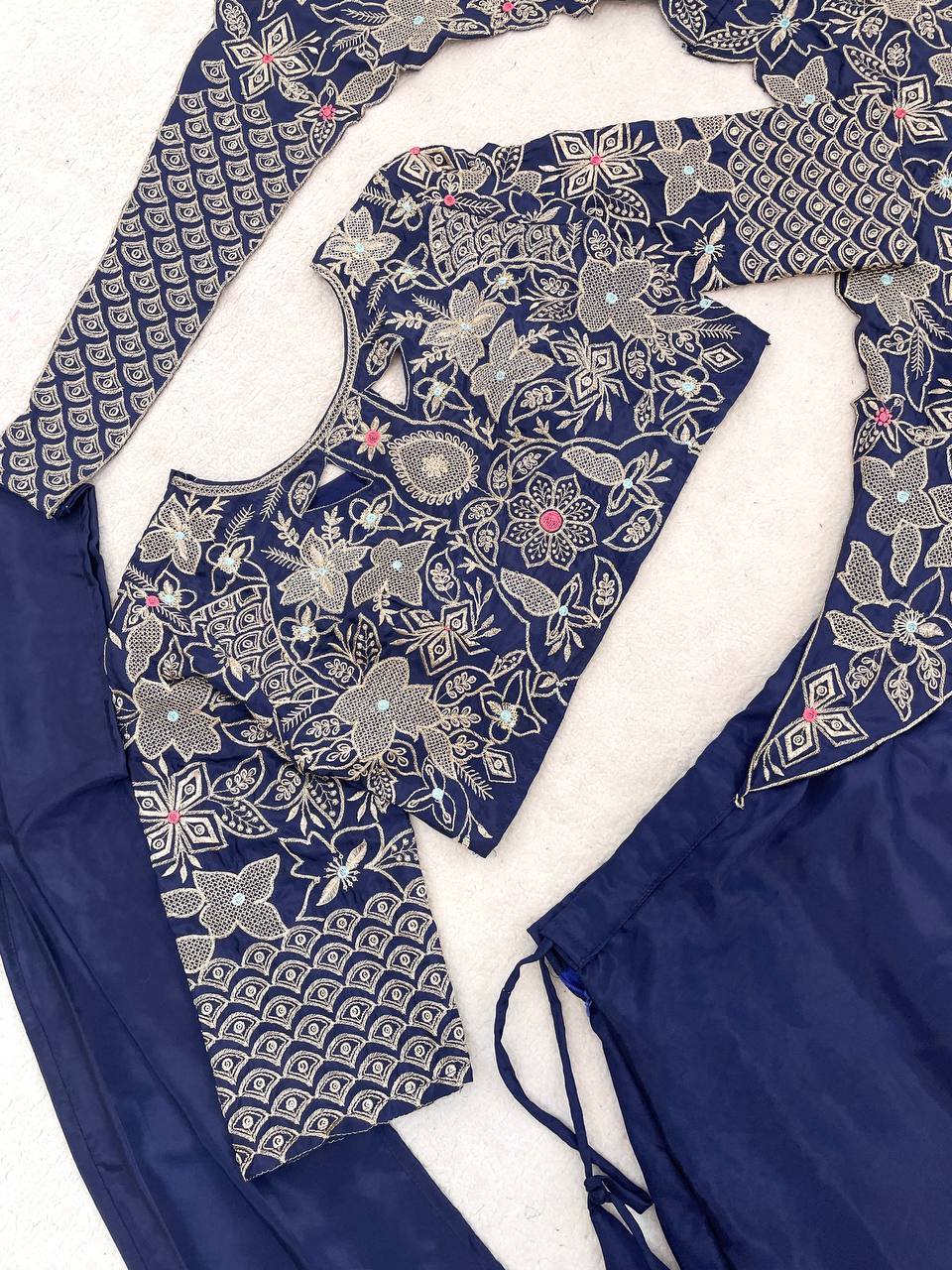 Navy Blue Crepe Double Layer Lehenga, view 4