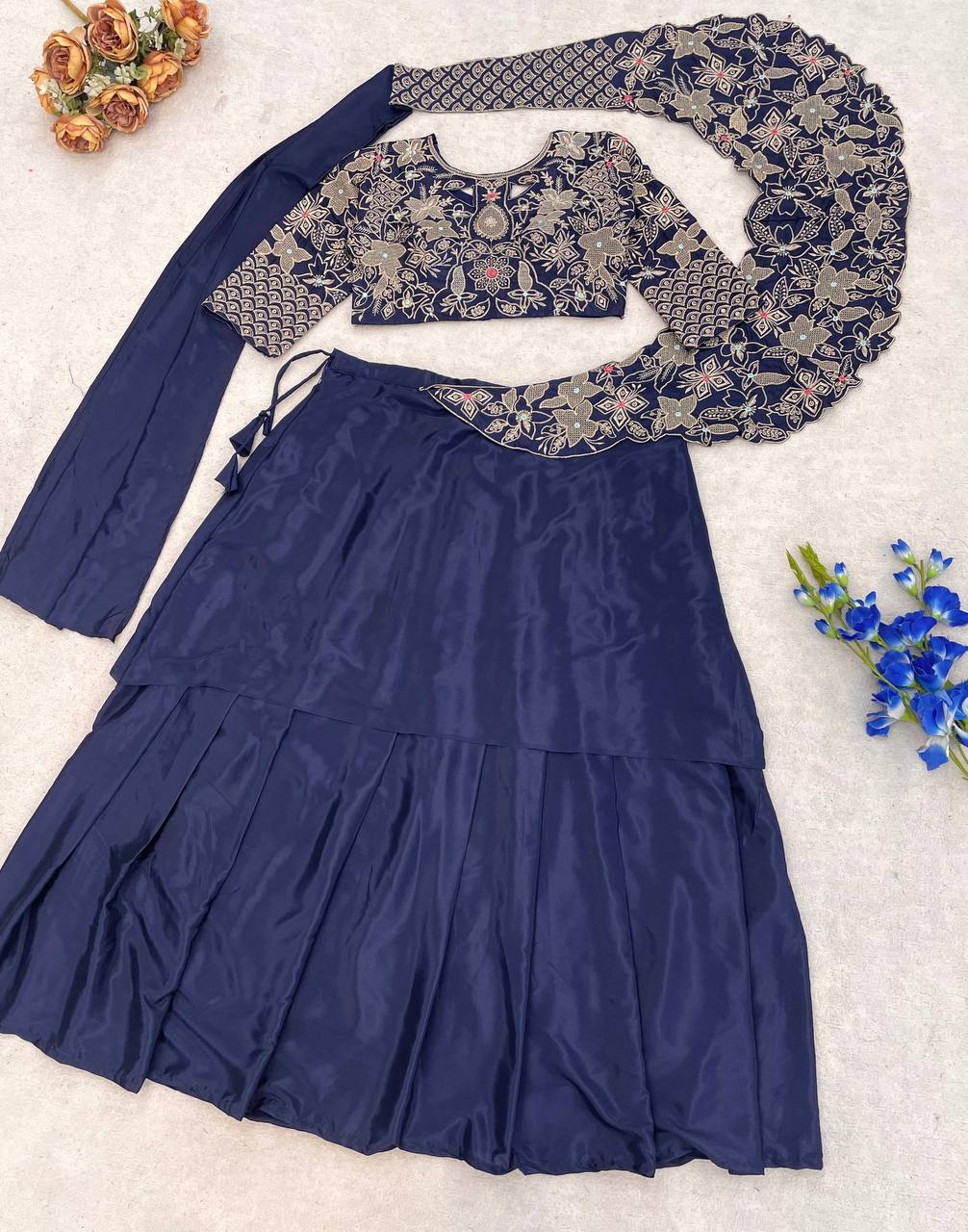 Navy Blue Crepe Double Layer Lehenga, view 5