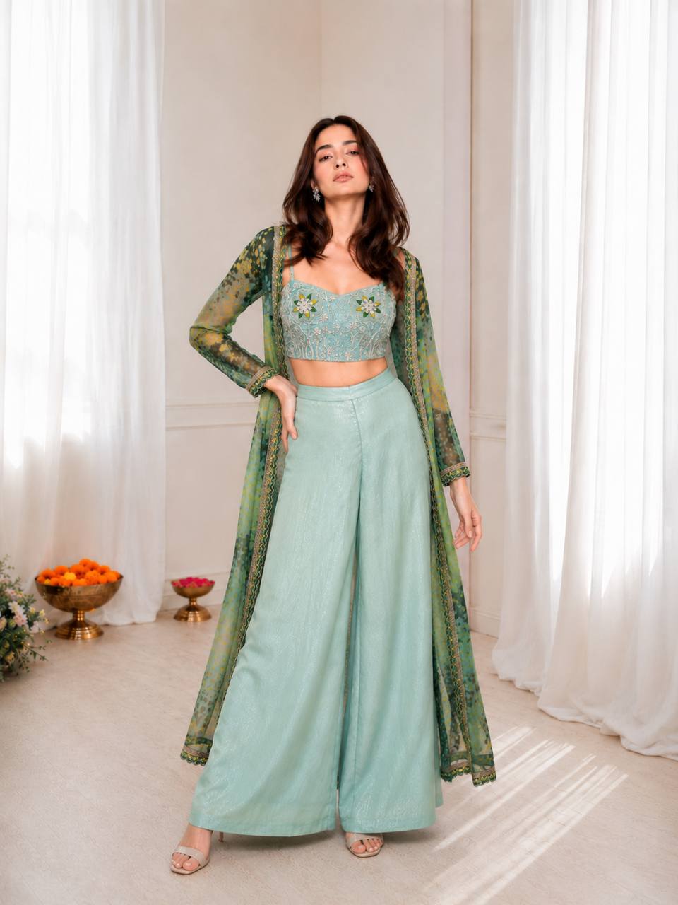 Aqua Blue Georgette Palazzo Set with Printed Shrug