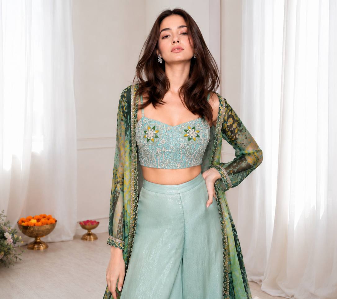 Aqua Blue Georgette Palazzo Set with Printed Shrug