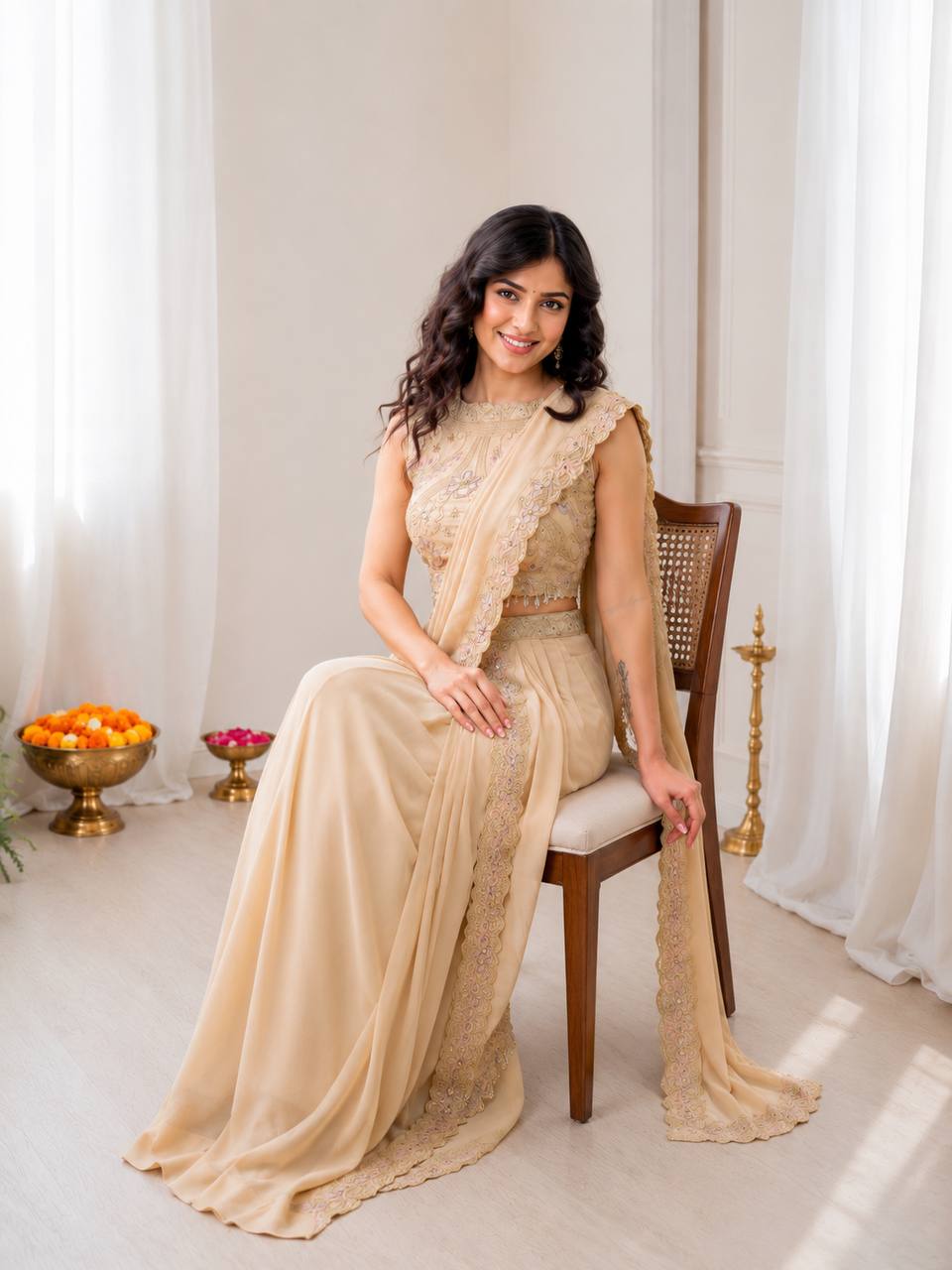 Beige Gold Georgette Lehenga Saree