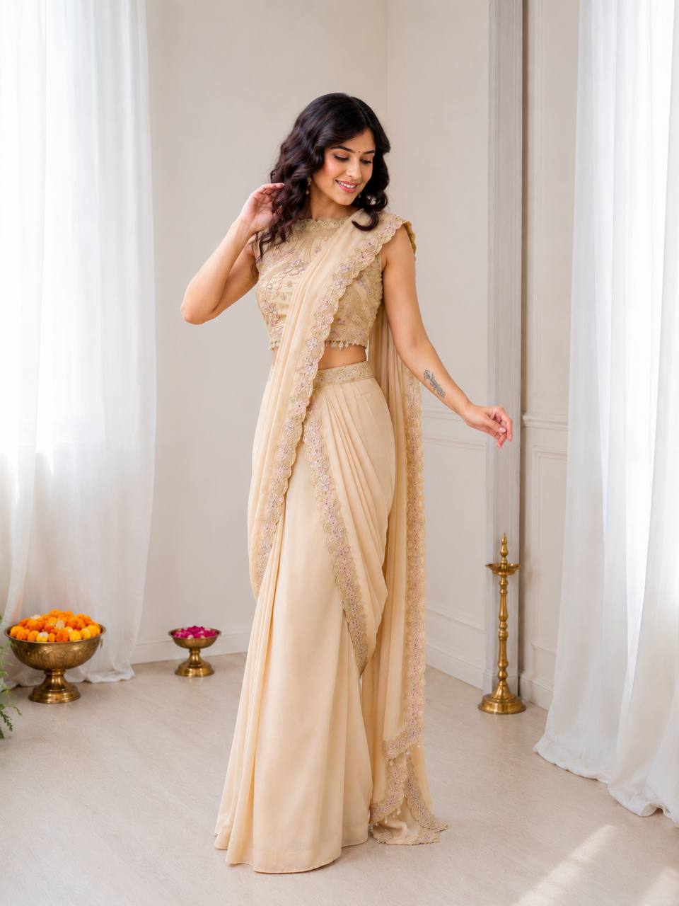 Beige Gold Georgette Lehenga Saree