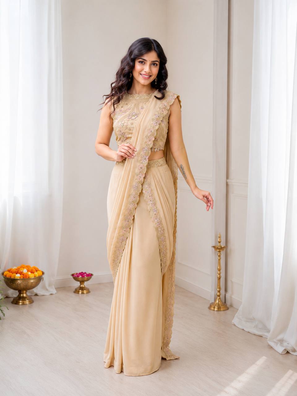 Beige Gold Georgette Lehenga Saree, view 4