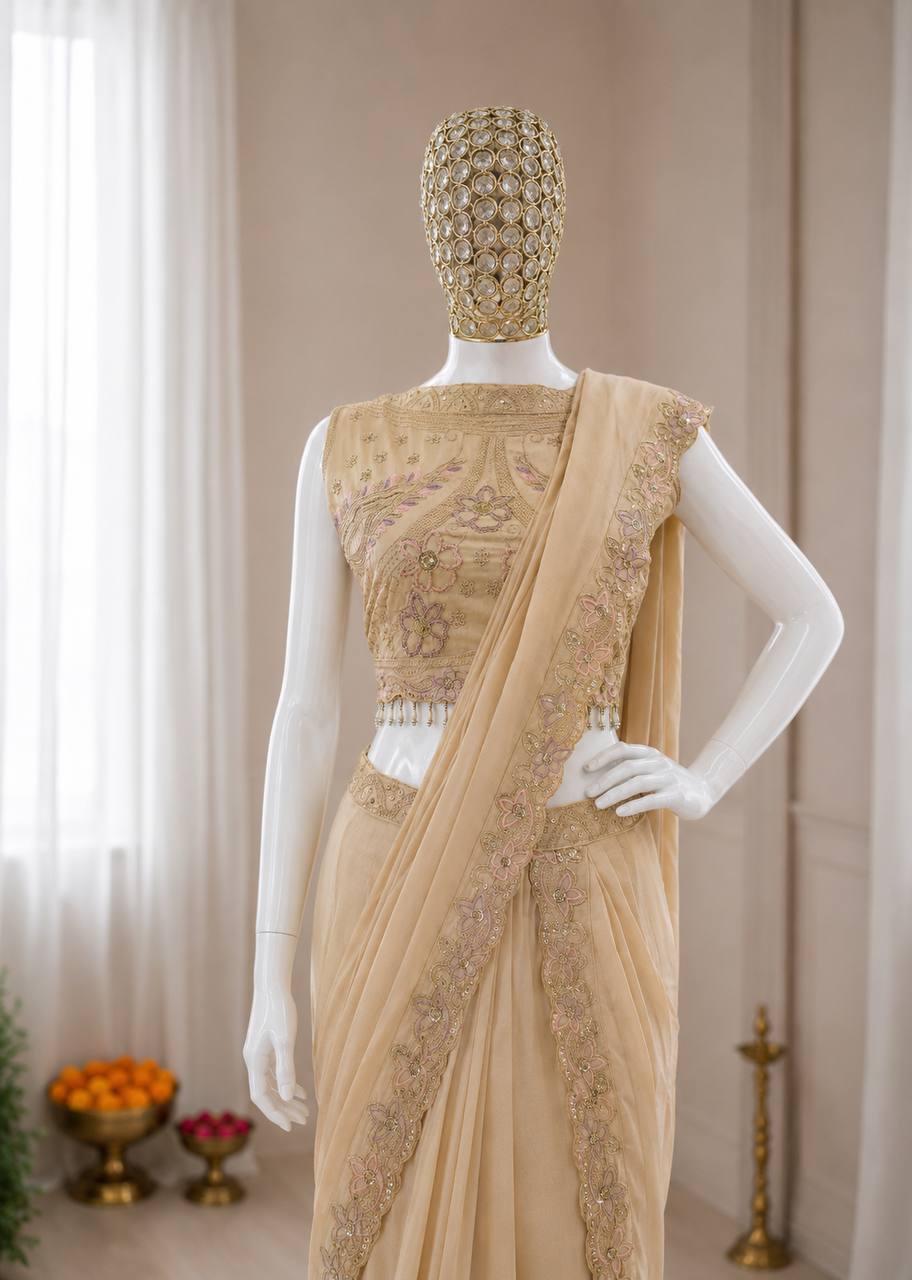 Beige Gold Georgette Lehenga Saree, view 5