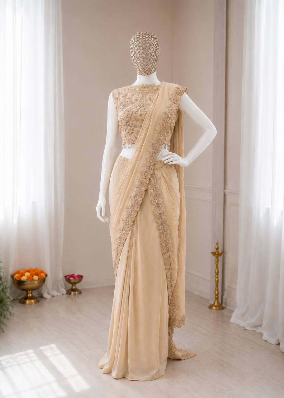 Beige Gold Georgette Lehenga Saree, view 6