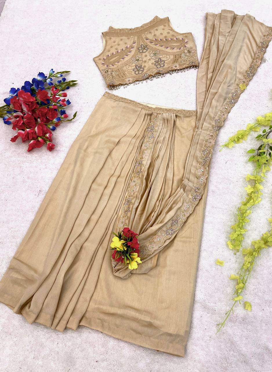 Beige Gold Georgette Lehenga Saree, view 7