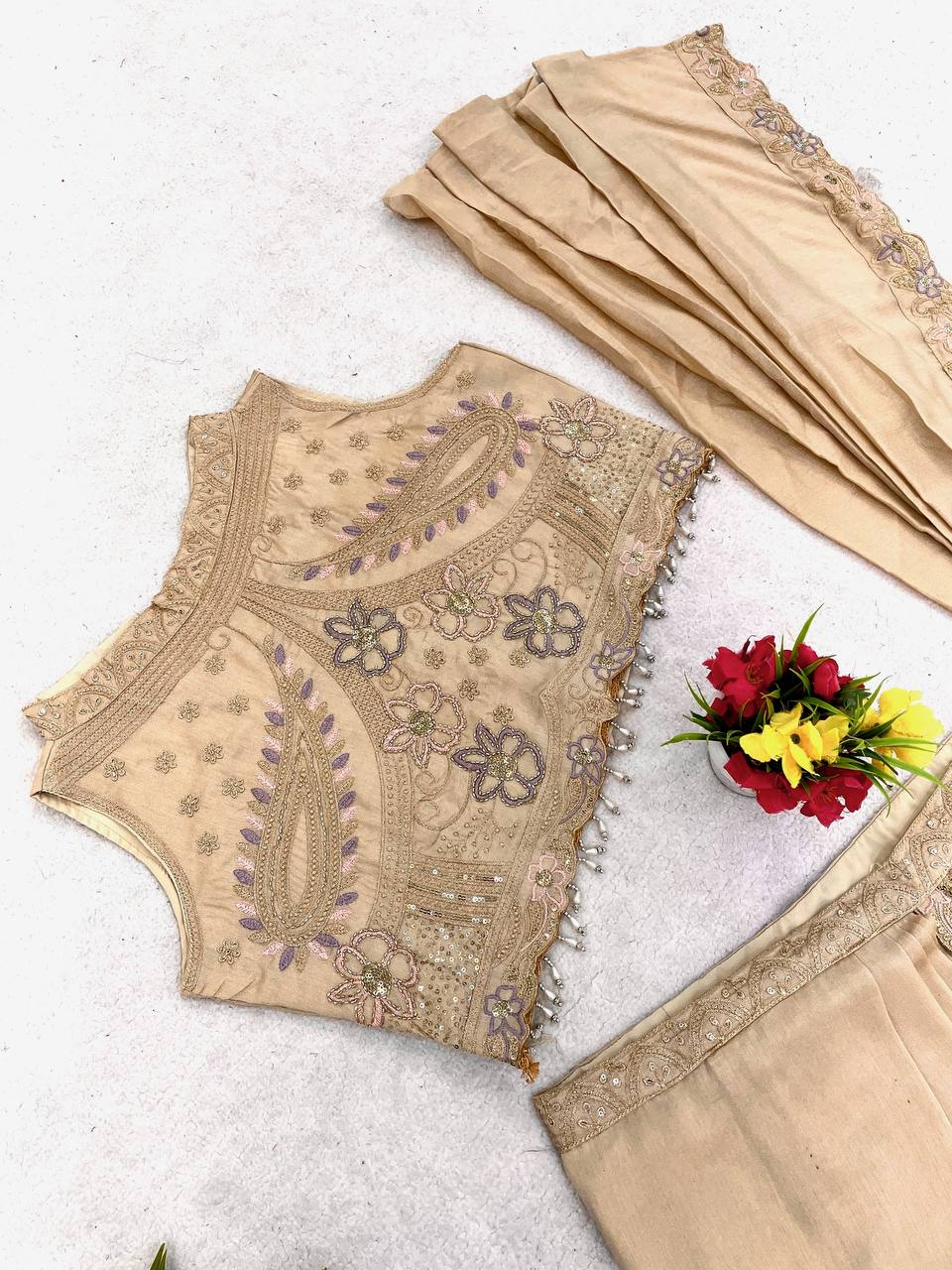 Beige Gold Georgette Lehenga Saree, view 8