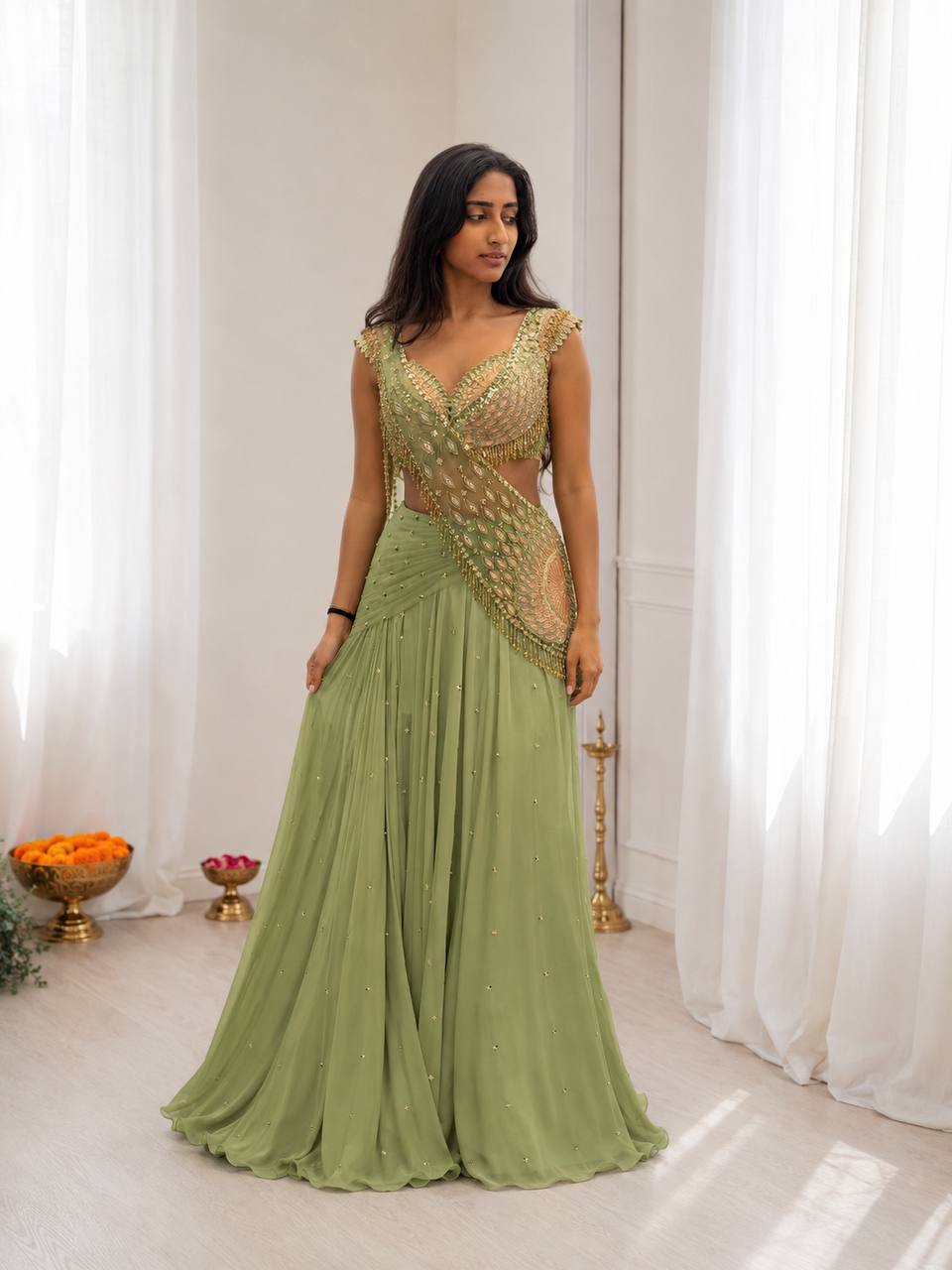 Pista Green Chinon Lehenga with Net Pallu