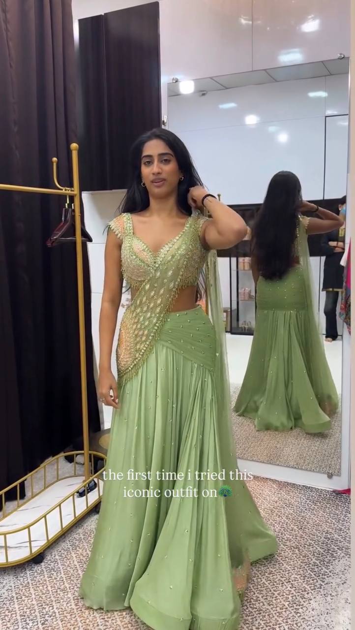 Pista Green Chinon Lehenga with Net Pallu, view 2