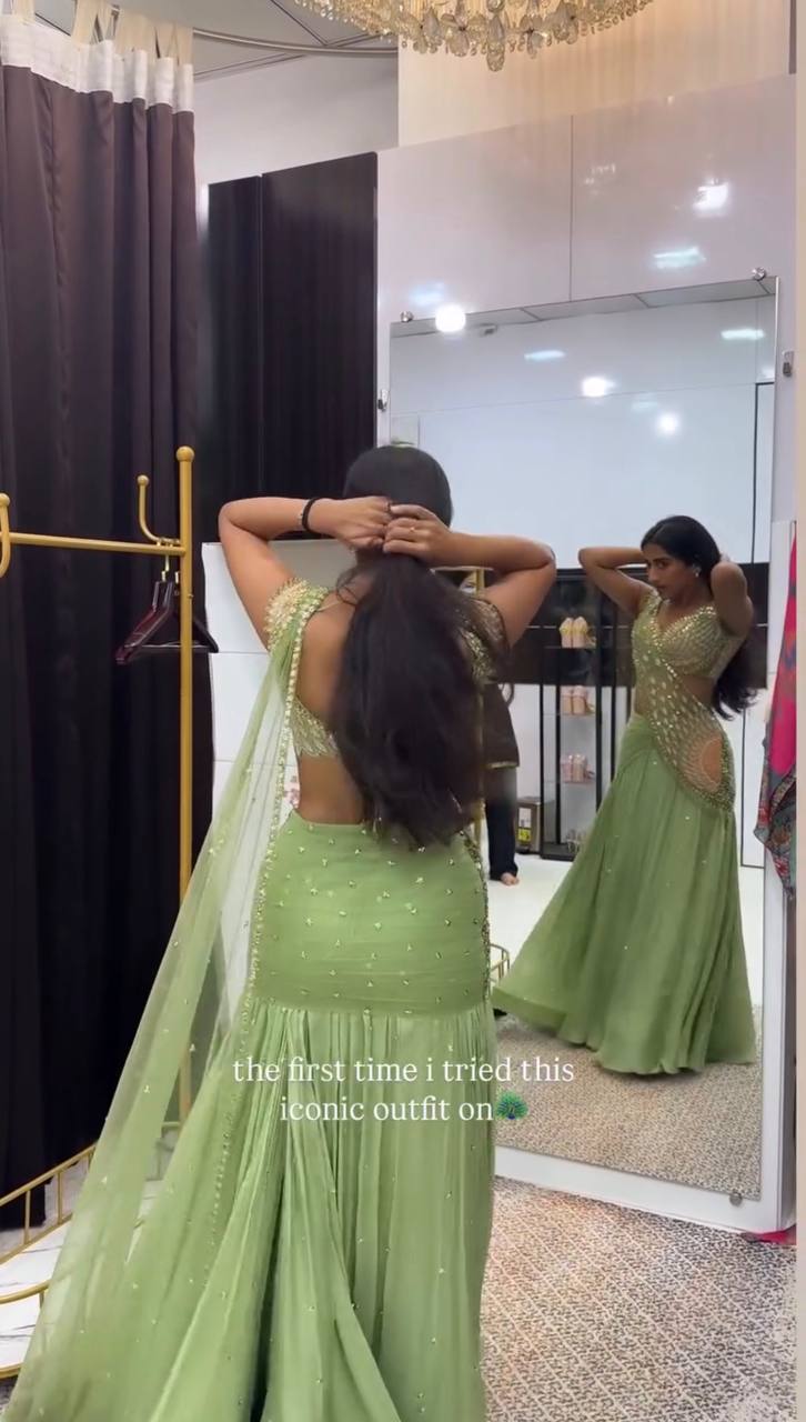 Pista Green Chinon Lehenga with Net Pallu, view 3