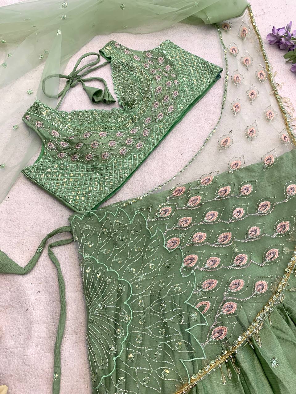 Pista Green Chinon Lehenga with Net Pallu, view 4