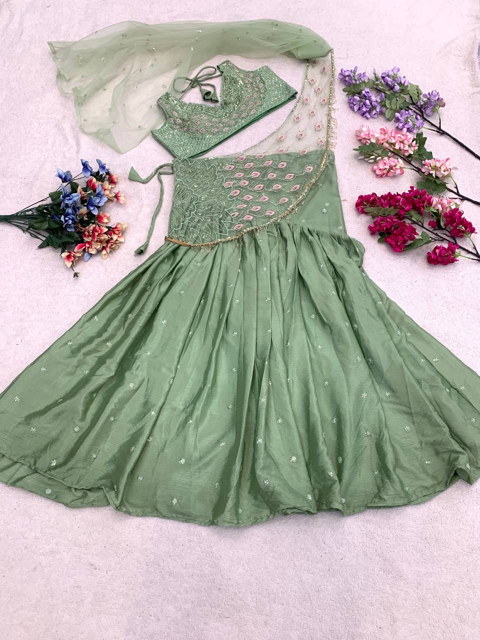 Pista Green Chinon Lehenga with Net Pallu, view 5