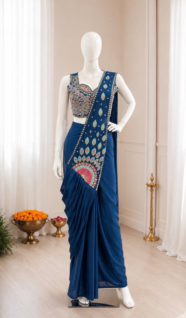 Teal Blue Crepe Ready-to-Wear Saree, view 4