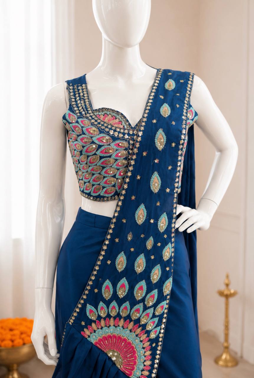 Teal Blue Crepe Ready-to-Wear Saree, view 5
