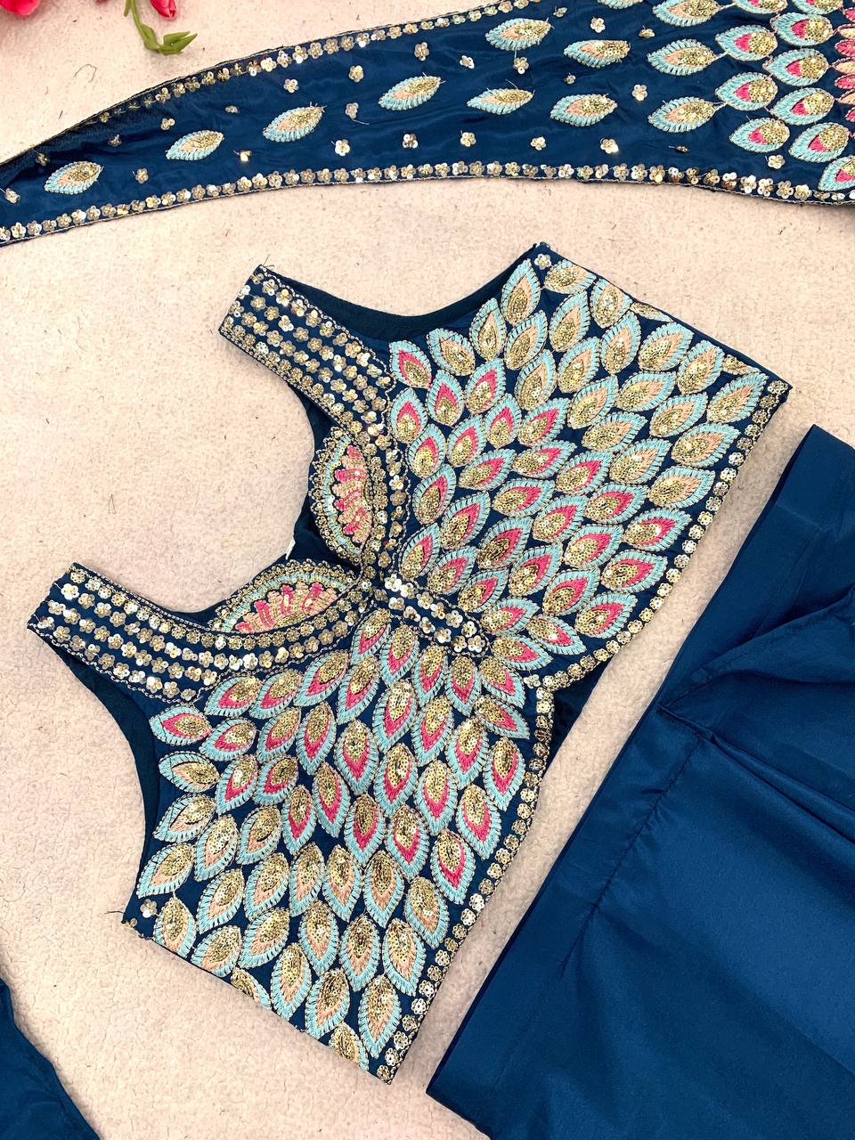 Teal Blue Crepe Ready-to-Wear Saree, view 6