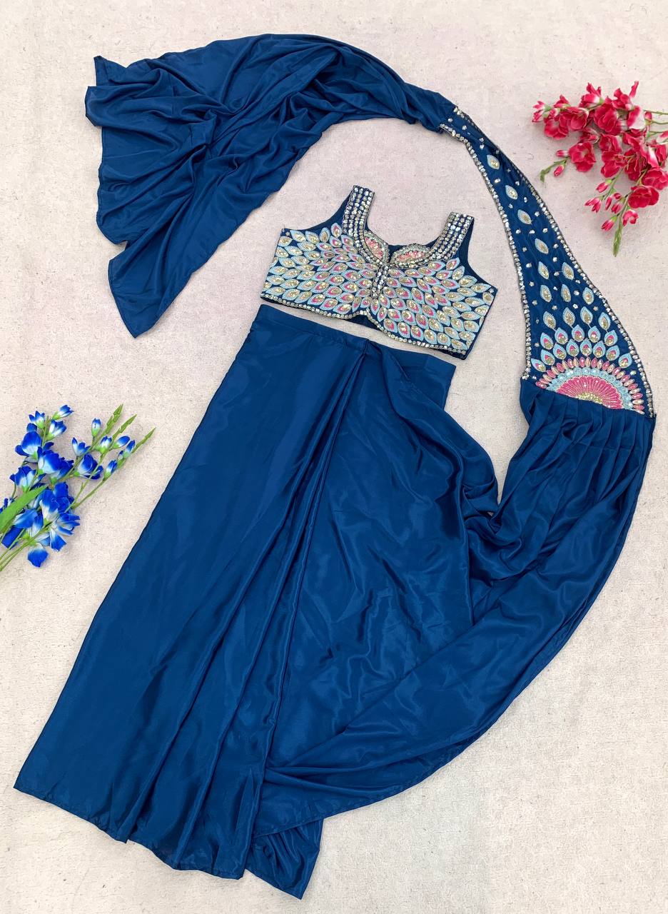 Teal Blue Crepe Ready-to-Wear Saree, view 7