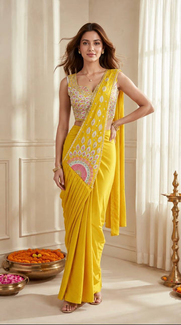 Yellow Crepe Ready-to-Wear Saree