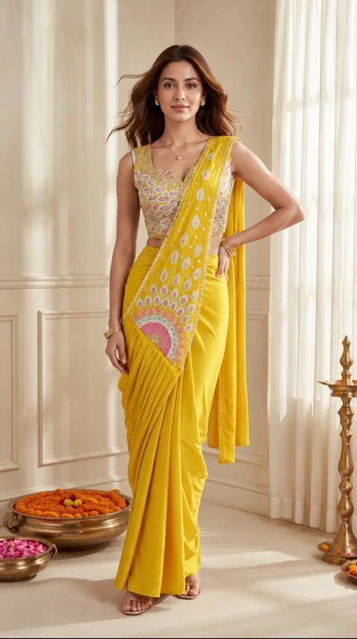 Yellow Crepe Ready-to-Wear Saree