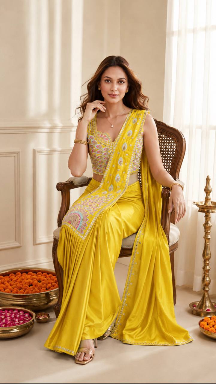 Yellow Crepe Ready-to-Wear Saree, view 2