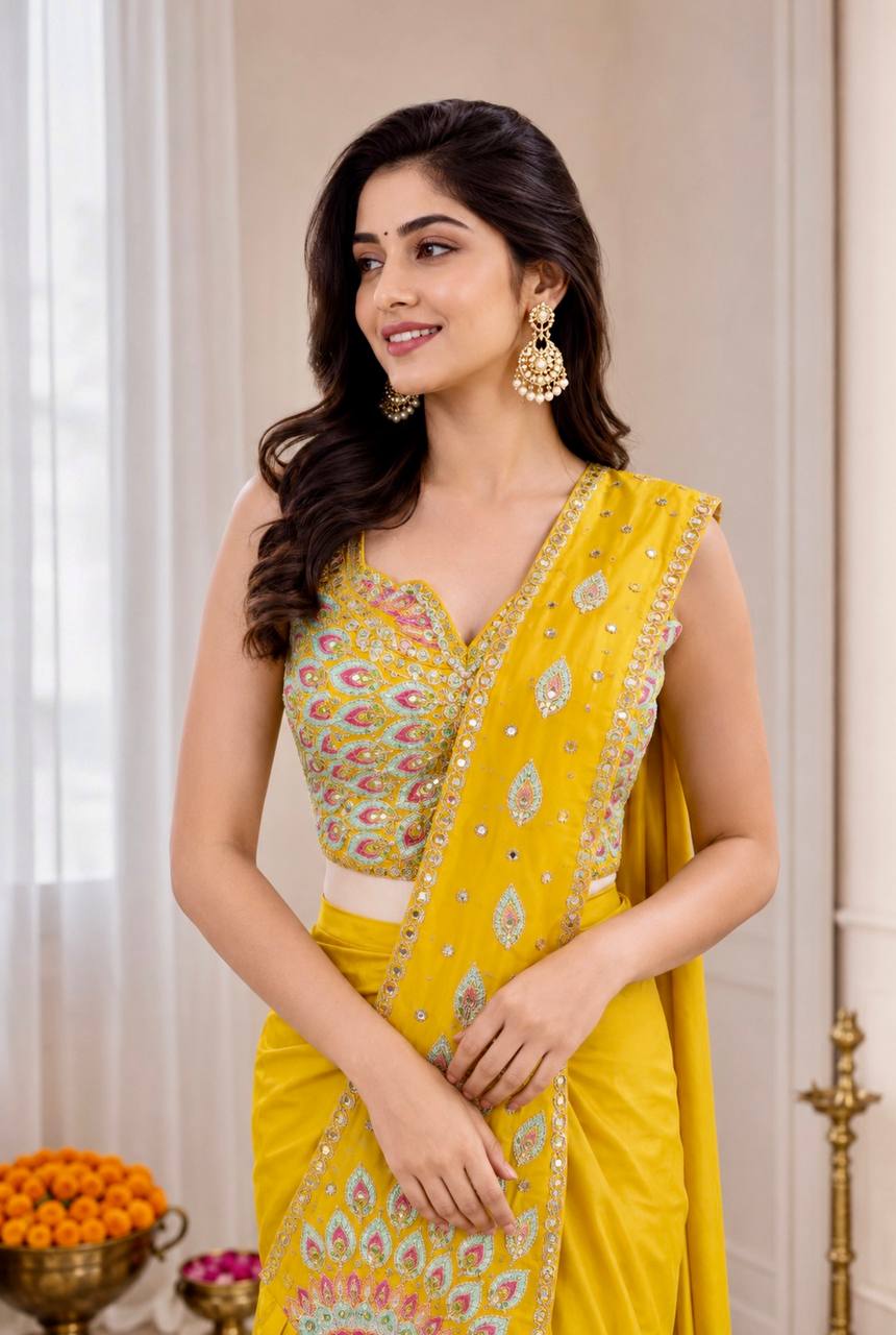 Yellow Crepe Ready-to-Wear Saree, view 3
