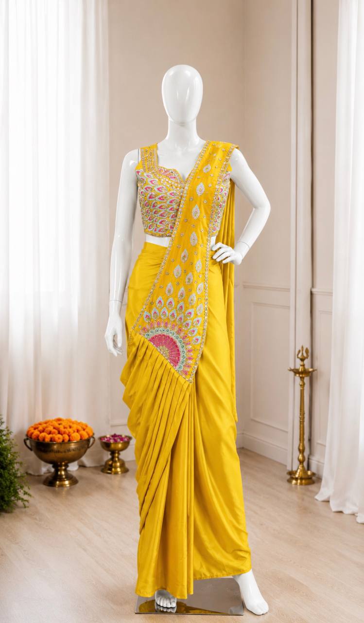 Yellow Crepe Ready-to-Wear Saree, view 4