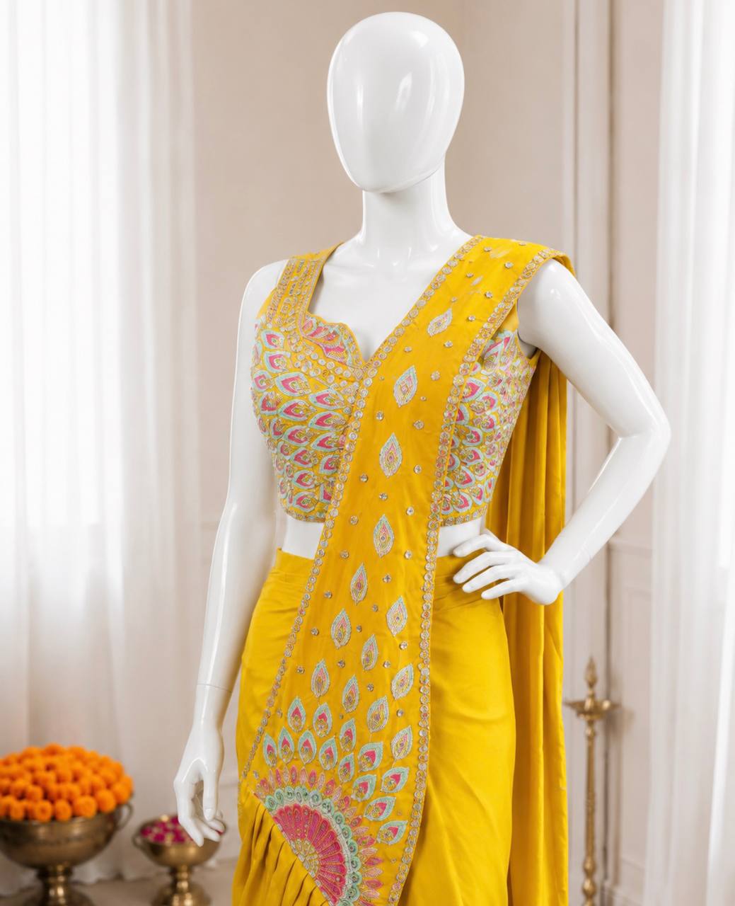 Yellow Crepe Ready-to-Wear Saree, view 5