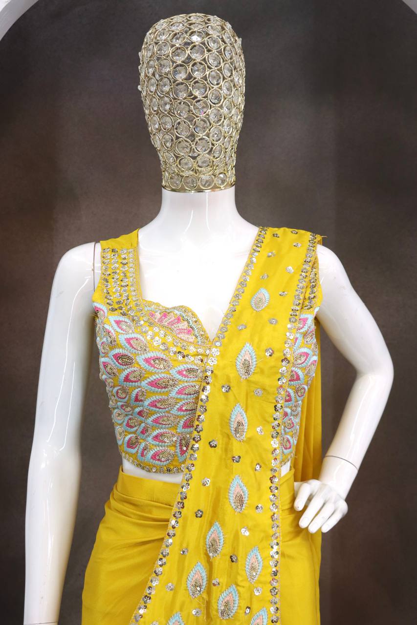 Yellow Crepe Ready-to-Wear Saree, view 6