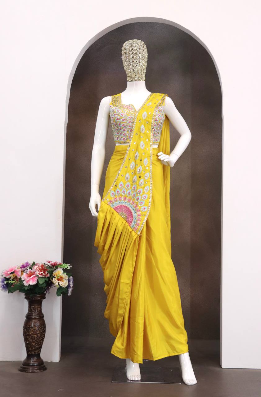 Yellow Crepe Ready-to-Wear Saree, view 7