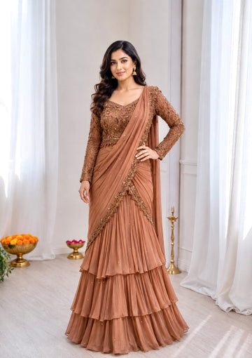 Caramel Georgette Ruffle Lehenga Saree